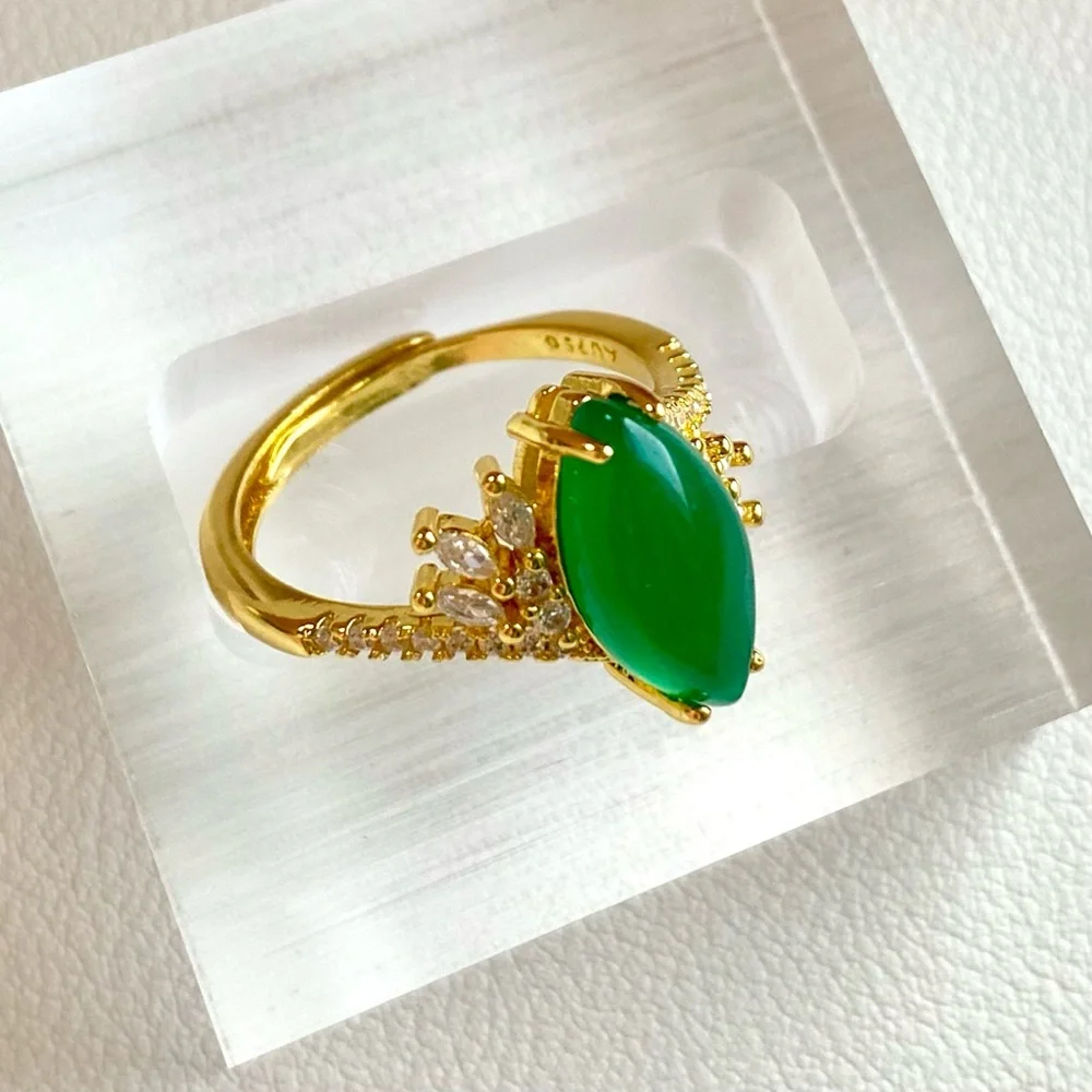 Gold Ring with Green onyx and Crystal Accents